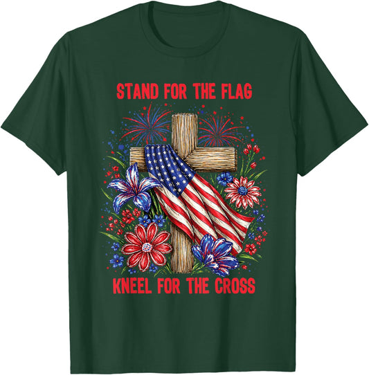 Christian Floral Kneel for Cross Stand America Flag Faith T-Shirt - T-Shirt | Forest