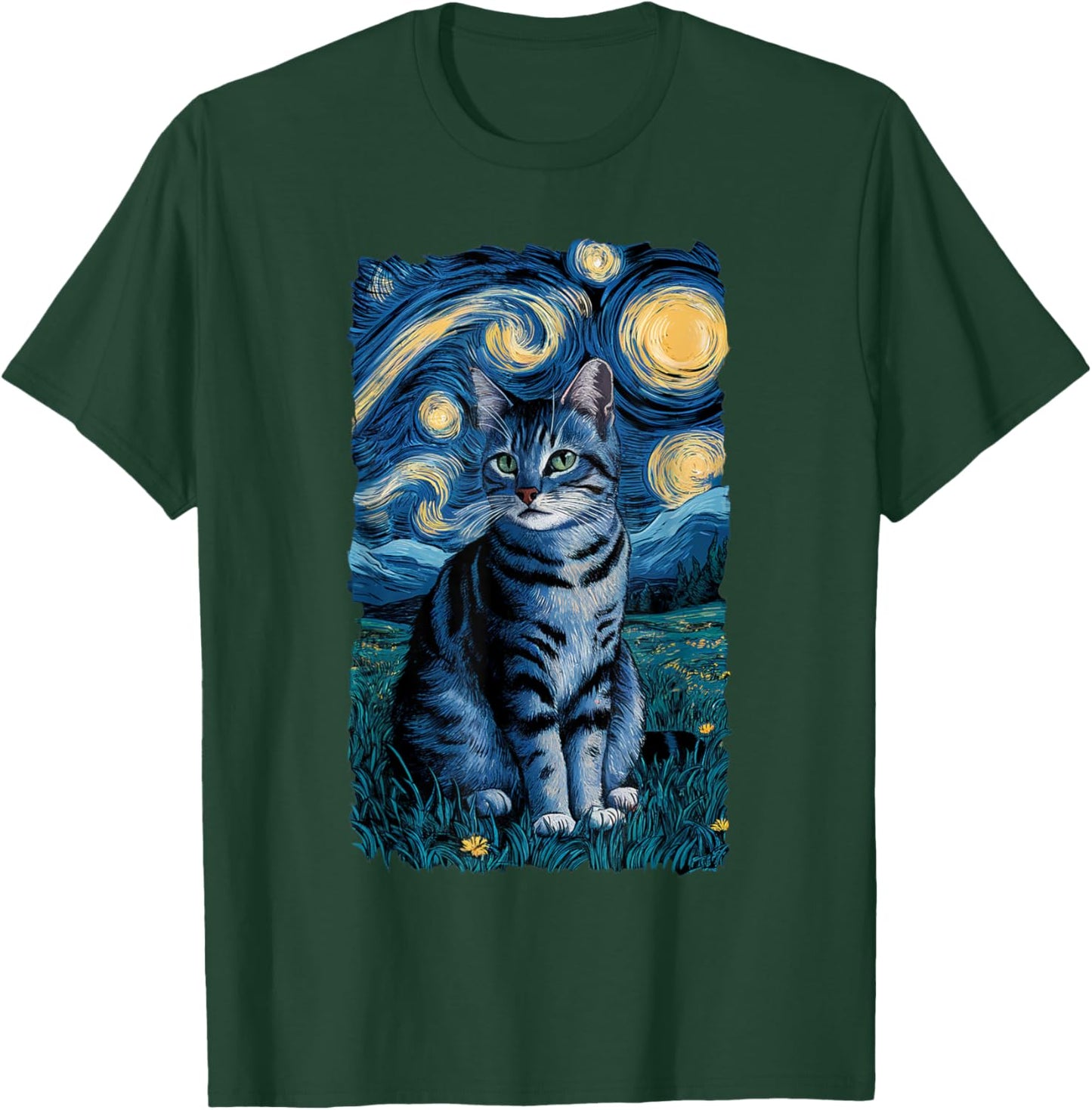 Van Gogh Cat Gifts Tabby Cat Owners Cat Lady Black Men Cat T-Shirt - T-Shirt | Forest