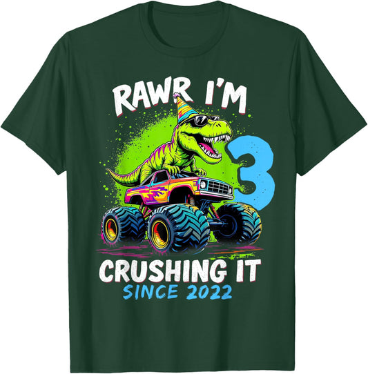 3rd Birthday Monster Truck Dinosaur Party Boys Rawr I'm 3 T-Shirt - T-Shirt | Forest