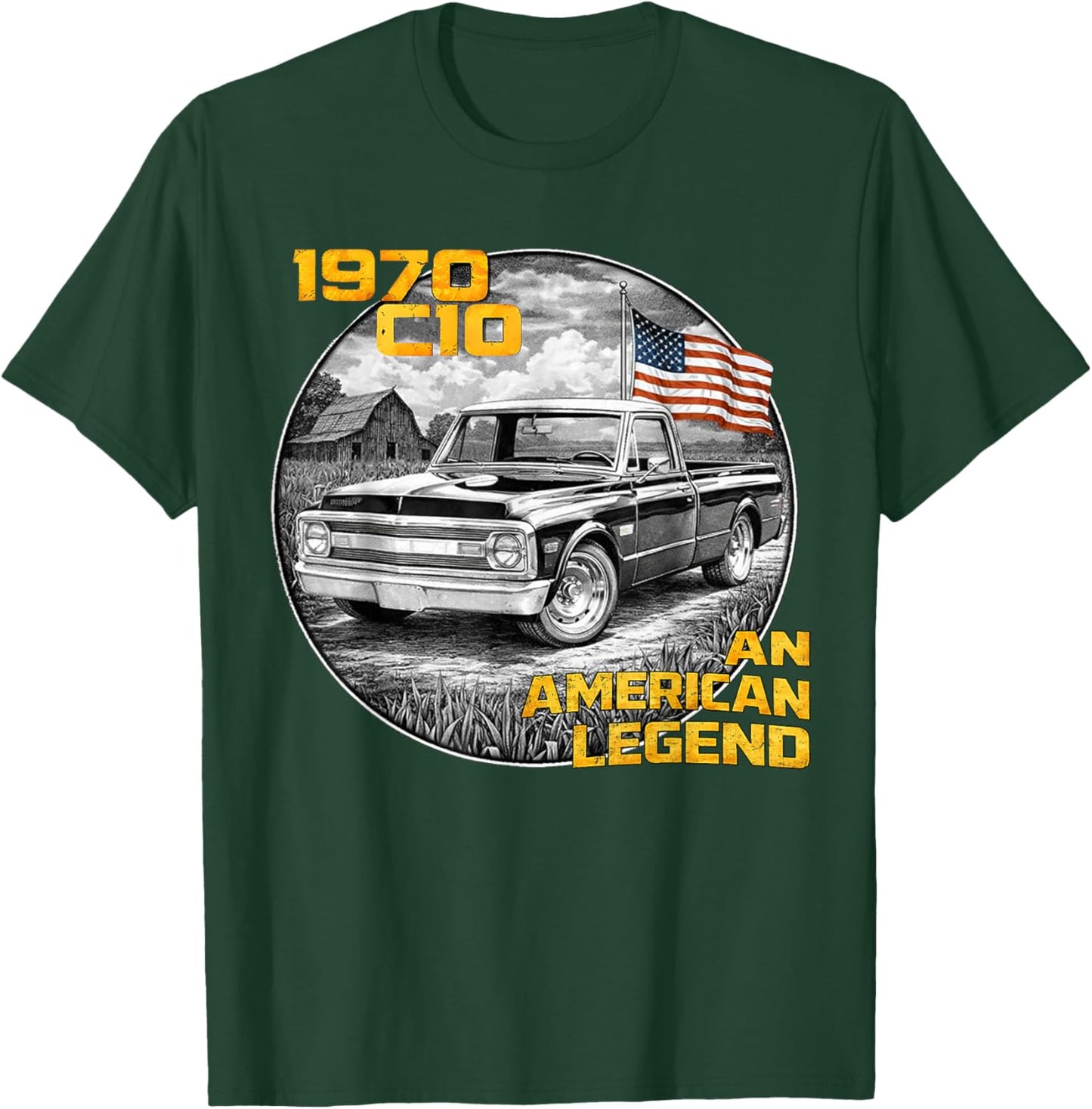 Vintage American Flag 1970 C10 70 Truck Silhouette Classic T-Shirt - T-Shirt | Forest