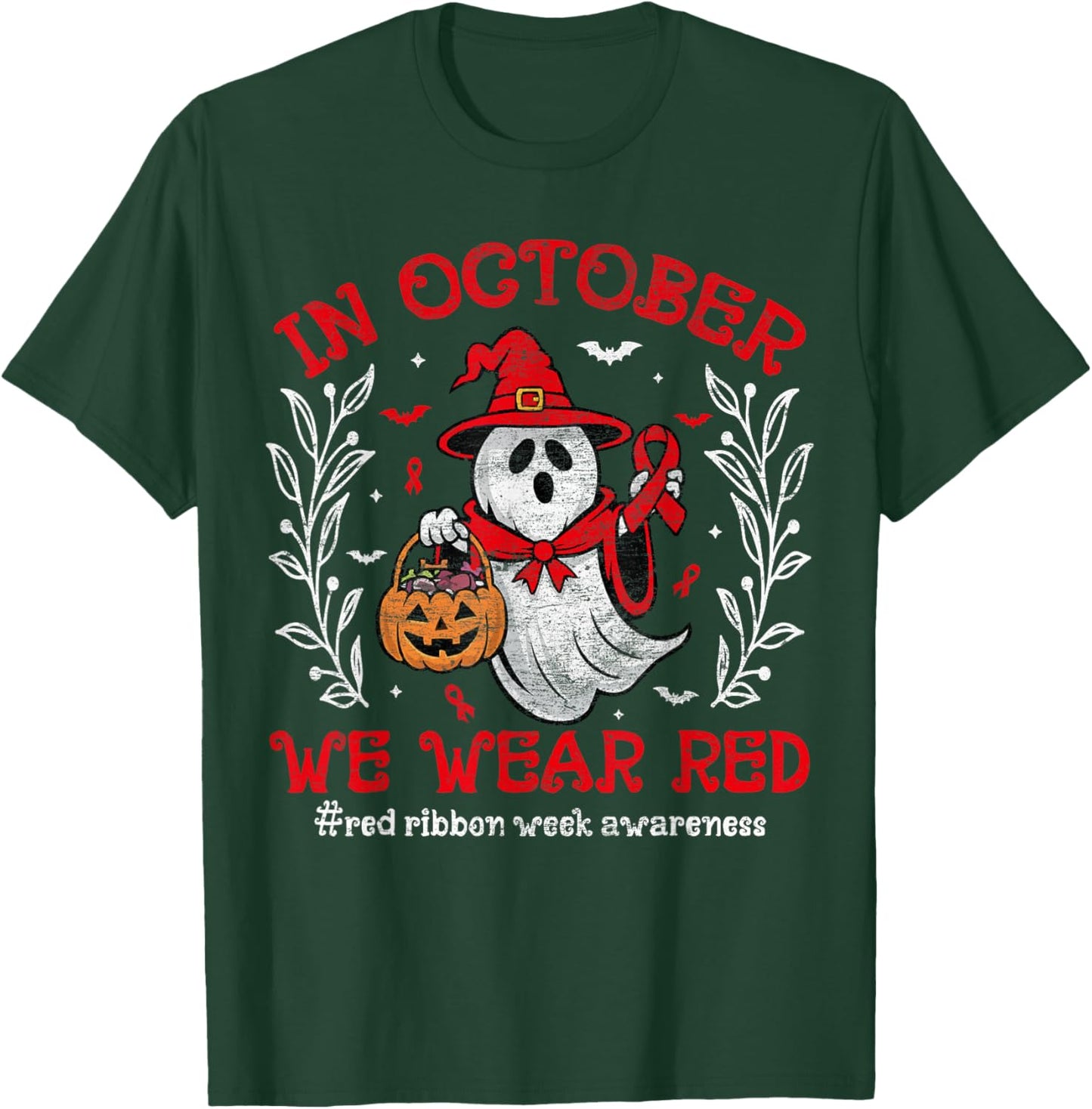 In October We Wear Red For Red Ribbon Week Awareness Ghost T-Shirt - T-Shirt | Forest