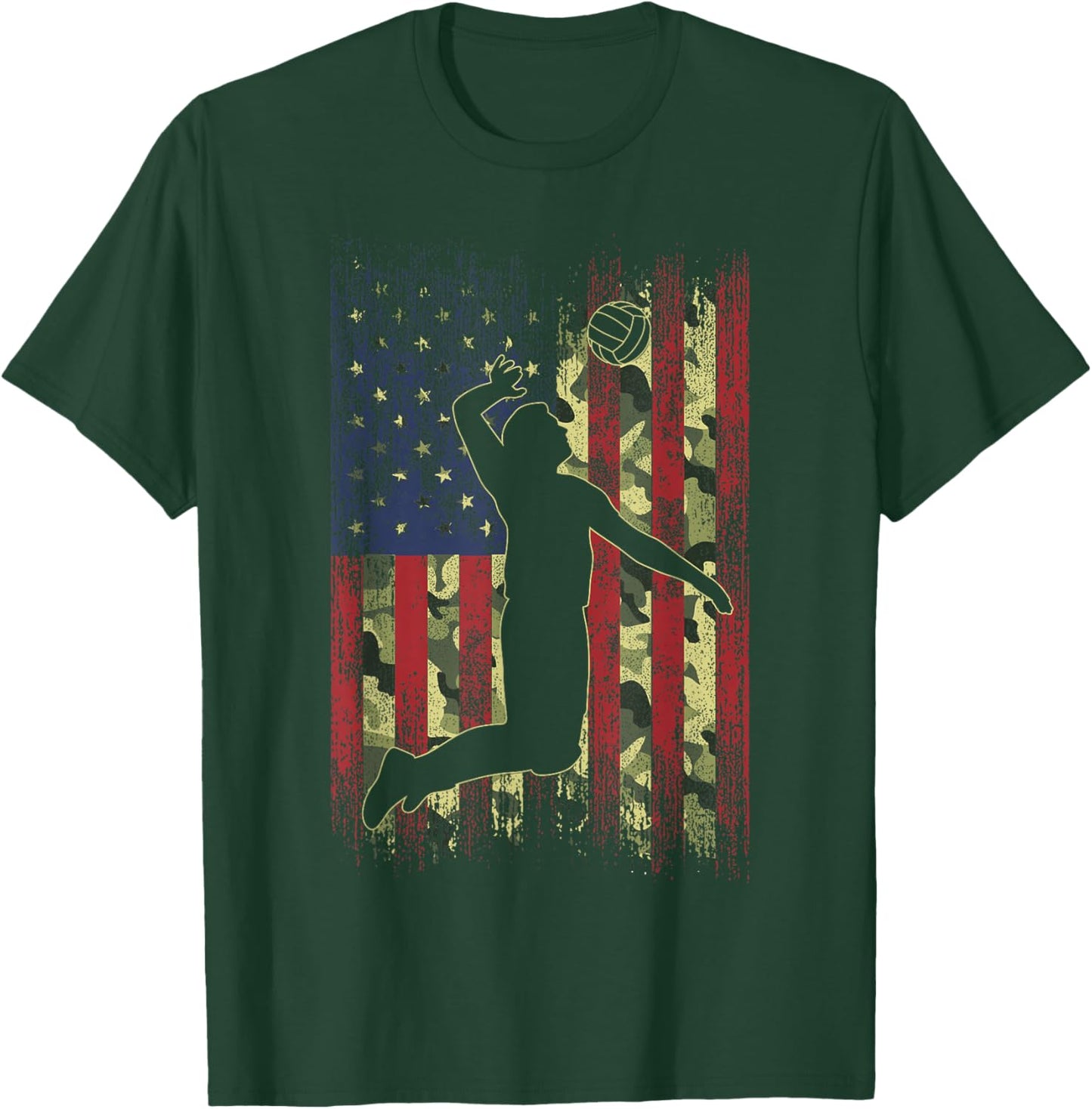 Camo US Flag Volleyball Vintage Patriotic Men Women Kids T-Shirt - T-Shirt | Forest