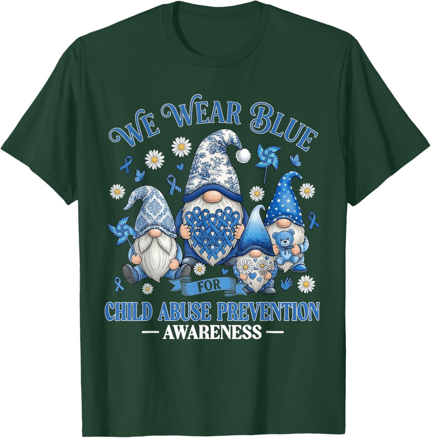 We Wear Blue Ribbon Child Abuse Prevention Awareness Gnomes T-Shirt - T-Shirt | Forest