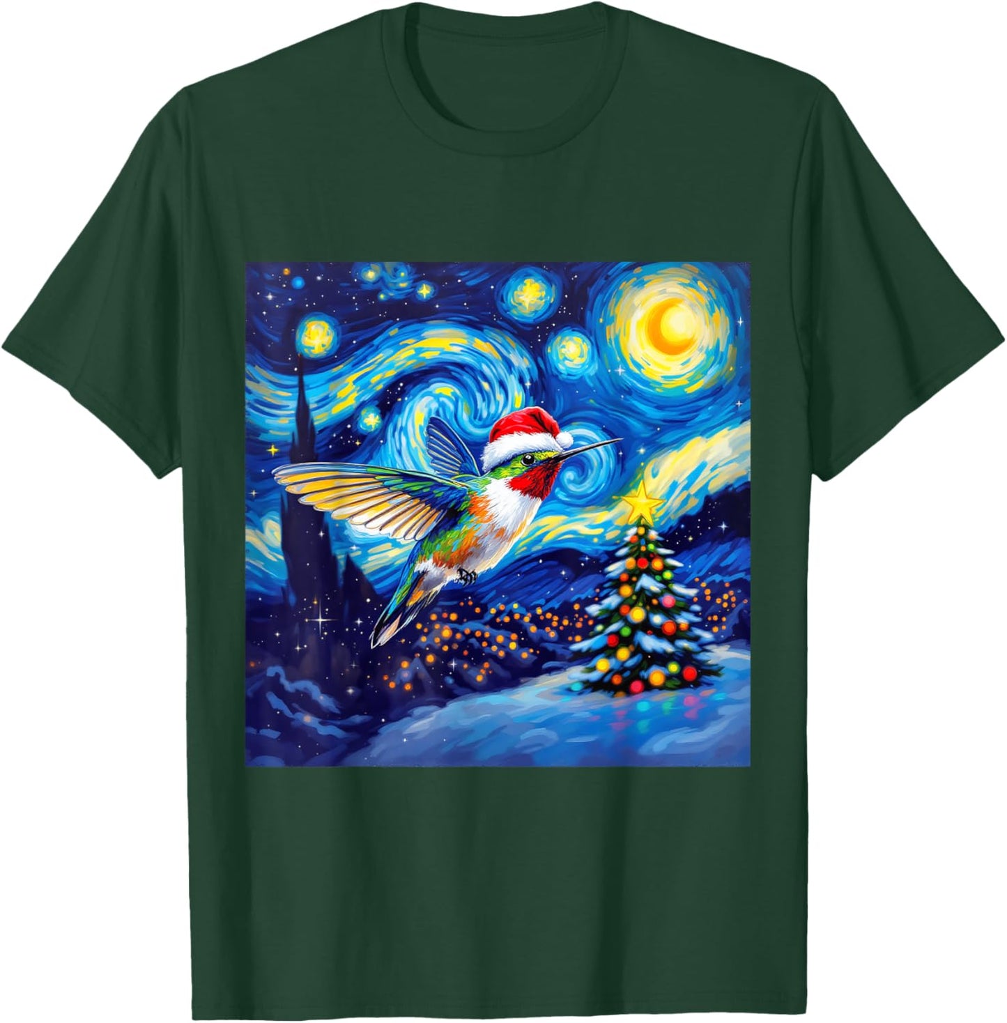 Christmas Hummingbird Santa Hat Van Gogh Starry Night T-Shirt - T-Shirt | Forest