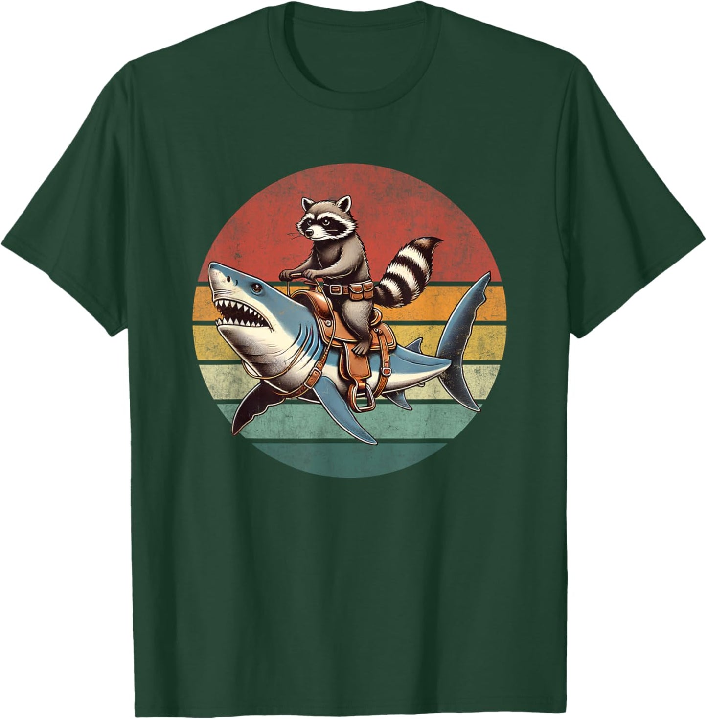 Vintage Raccoon Shark Rider Funny Retro Raccoon Riding Shark T-Shirt - T-Shirt | Forest