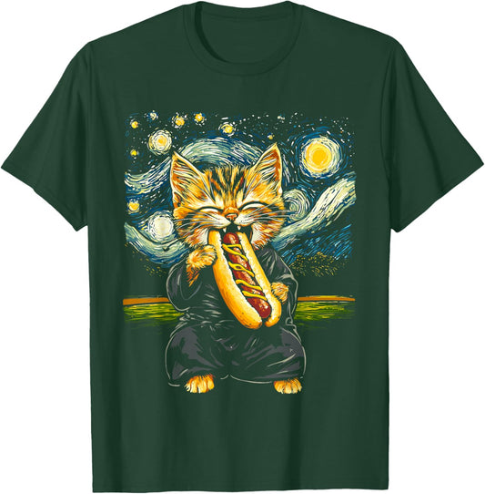 Funny Cat Eating a Hot Dog Under Starry Sky Men Women Kids T-Shirt - T-Shirt | Forest