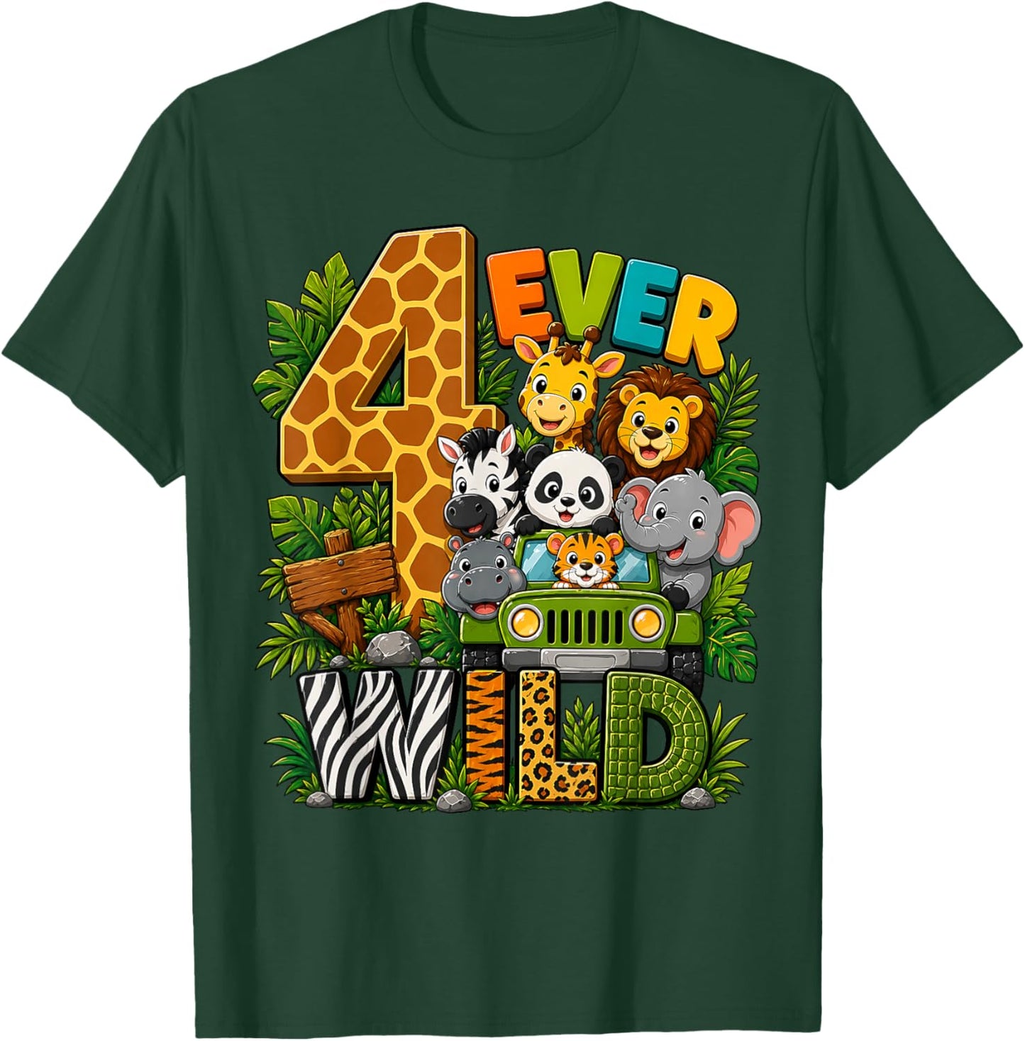 Kids Four Ever Wild 4th Birthday Safari Jungle Animal Party T-Shirt - T-Shirt | Forest