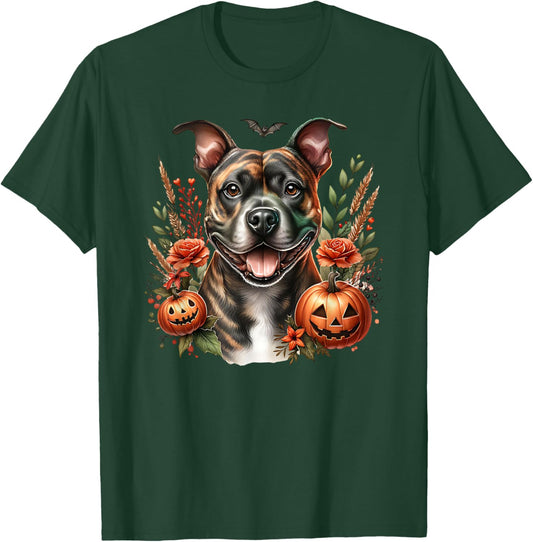 Brindle Pitbull Staffy Amstaff Dog Halloween Watercolor T-Shirt - T-Shirt | Forest