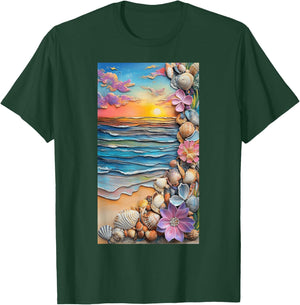 Sunset Beach Scene Seashells Ocean art T-Shirt - T-Shirt | Forest