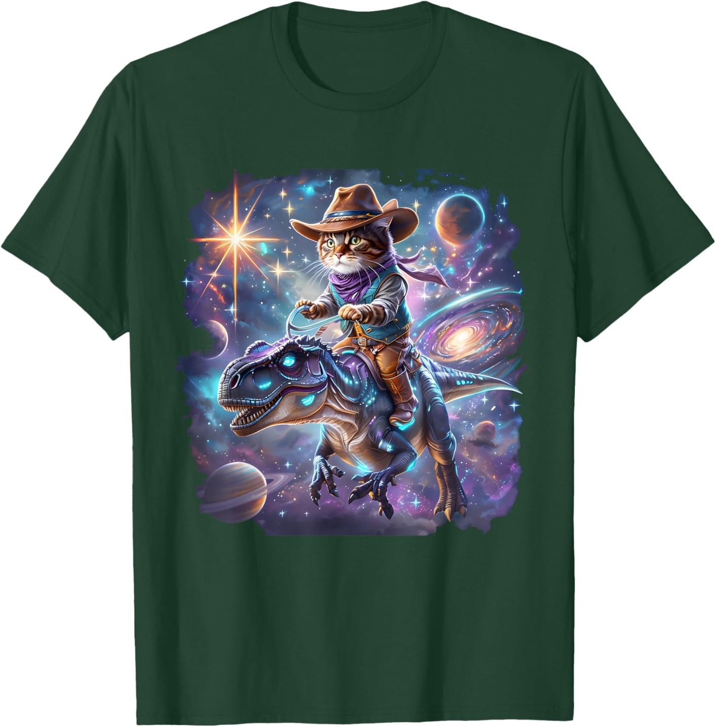 Cat Riding Dinosaur Funny Cat Cowboy Hat Rainbow Galaxy T-Shirt - T-Shirt | Forest