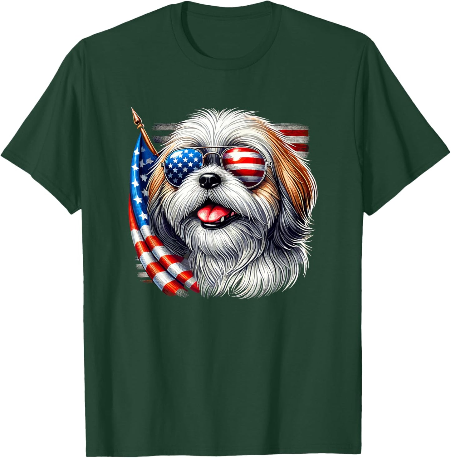 American USA Flag Shih Tzu Shih Tzus 4th Of July Patriotic T-Shirt - T-Shirt | Forest