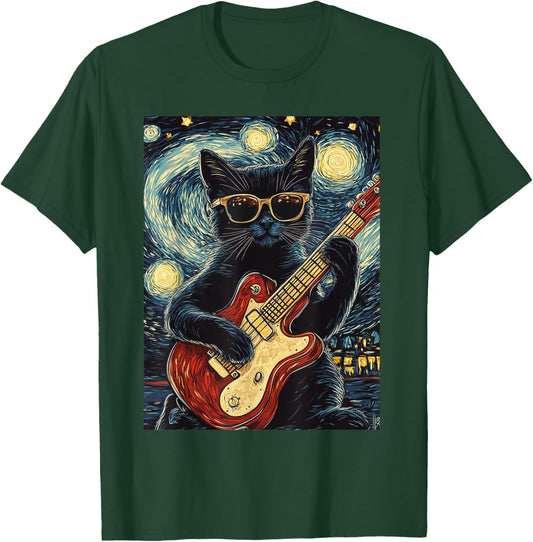 Funny Starry Night Van Gogh Black Cat Playing Guitar Art T-Shirt - T-Shirt | Forest