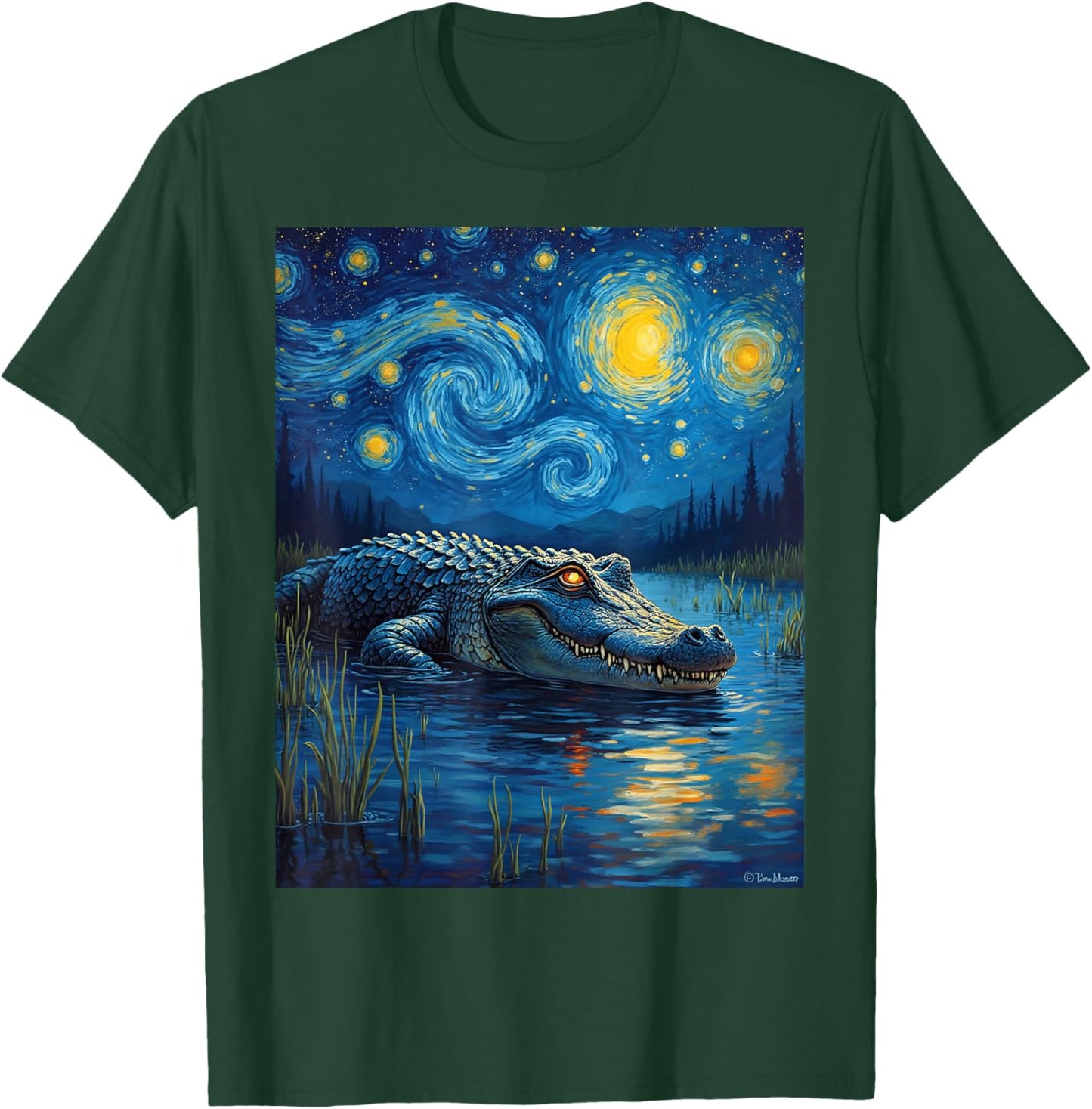 Van Gogh's Starry Night Alligator Crocodile Swamp Art T-Shirt - T-Shirt | Forest