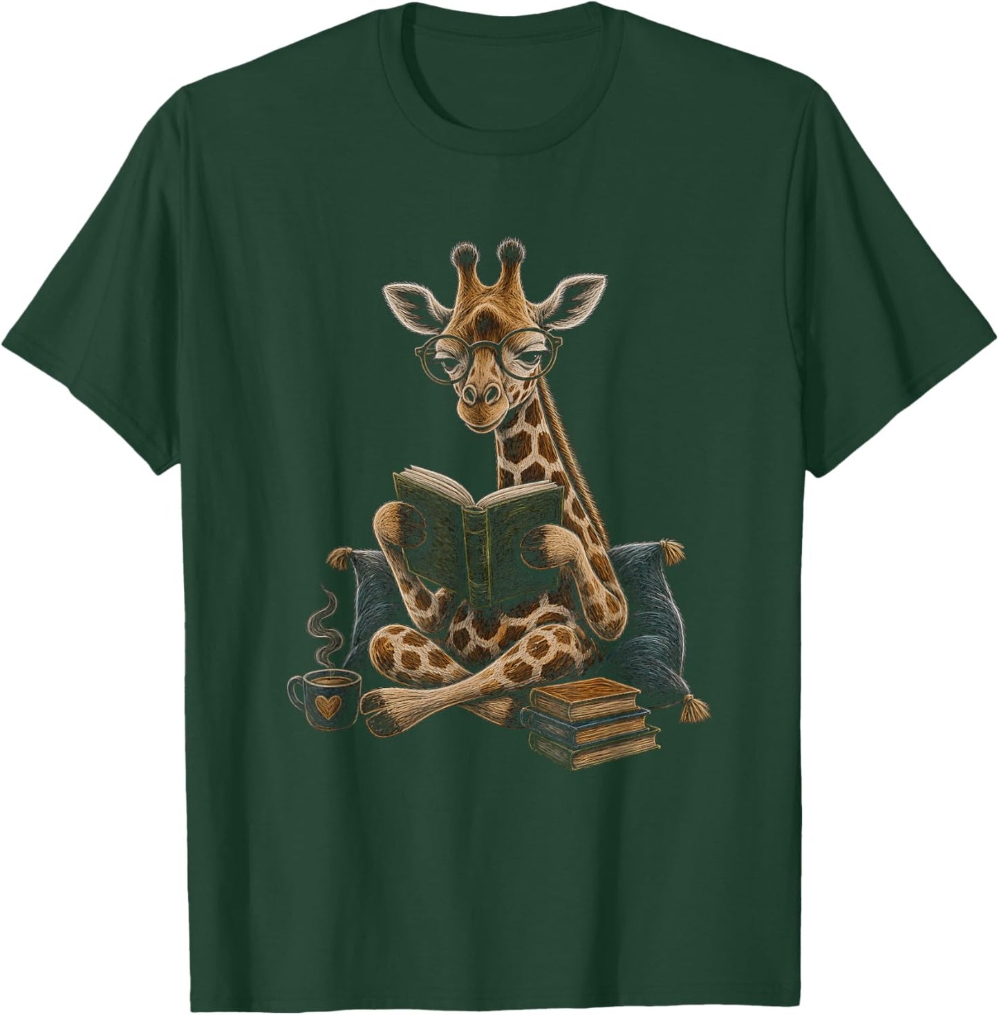 Giraffe Reading Book Graphic Artwork Design T-Shirt - T-Shirt | Forest