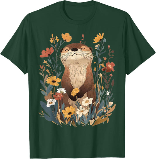 Aesthetic Goblincore Wildflower Art Floral Sea Otters Lover T-Shirt - T-Shirt | Forest