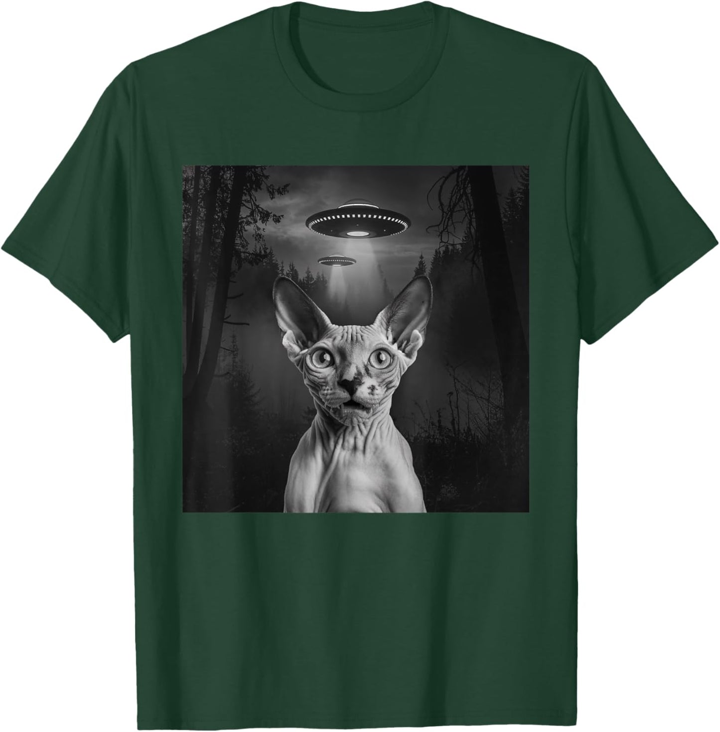 Sphynx Cat Selfie With Alien UFO Funny Cat Outfit T-Shirt - T-Shirt | Forest
