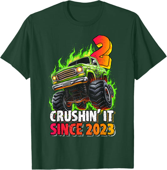 Birthday Monster Truck 2 Year Old Boys 2nd Party Born 2023 T-Shirt - T-Shirt | Forest