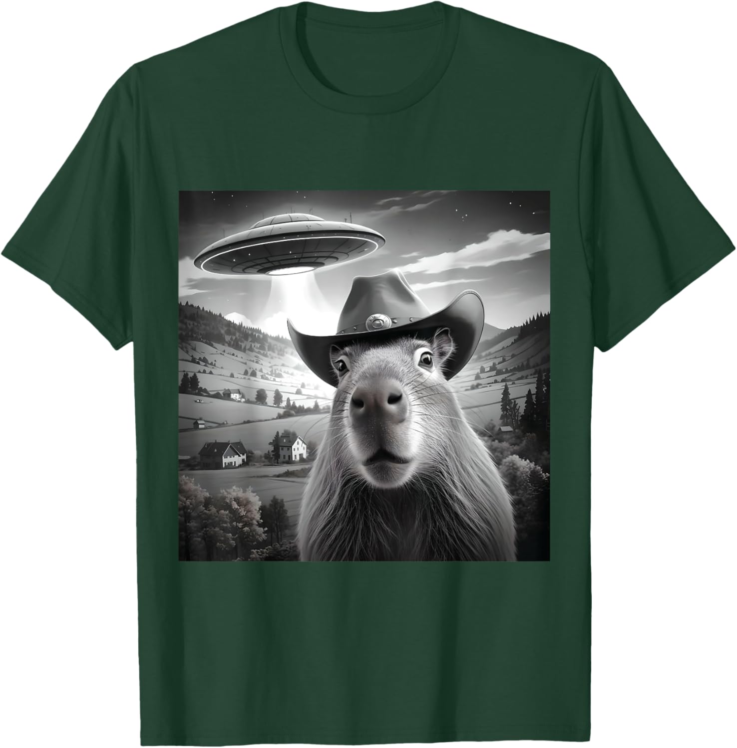Funny Capybara Selfie Wearing Cute Hat With UFOs Weird T-Shirt - T-Shirt | Forest