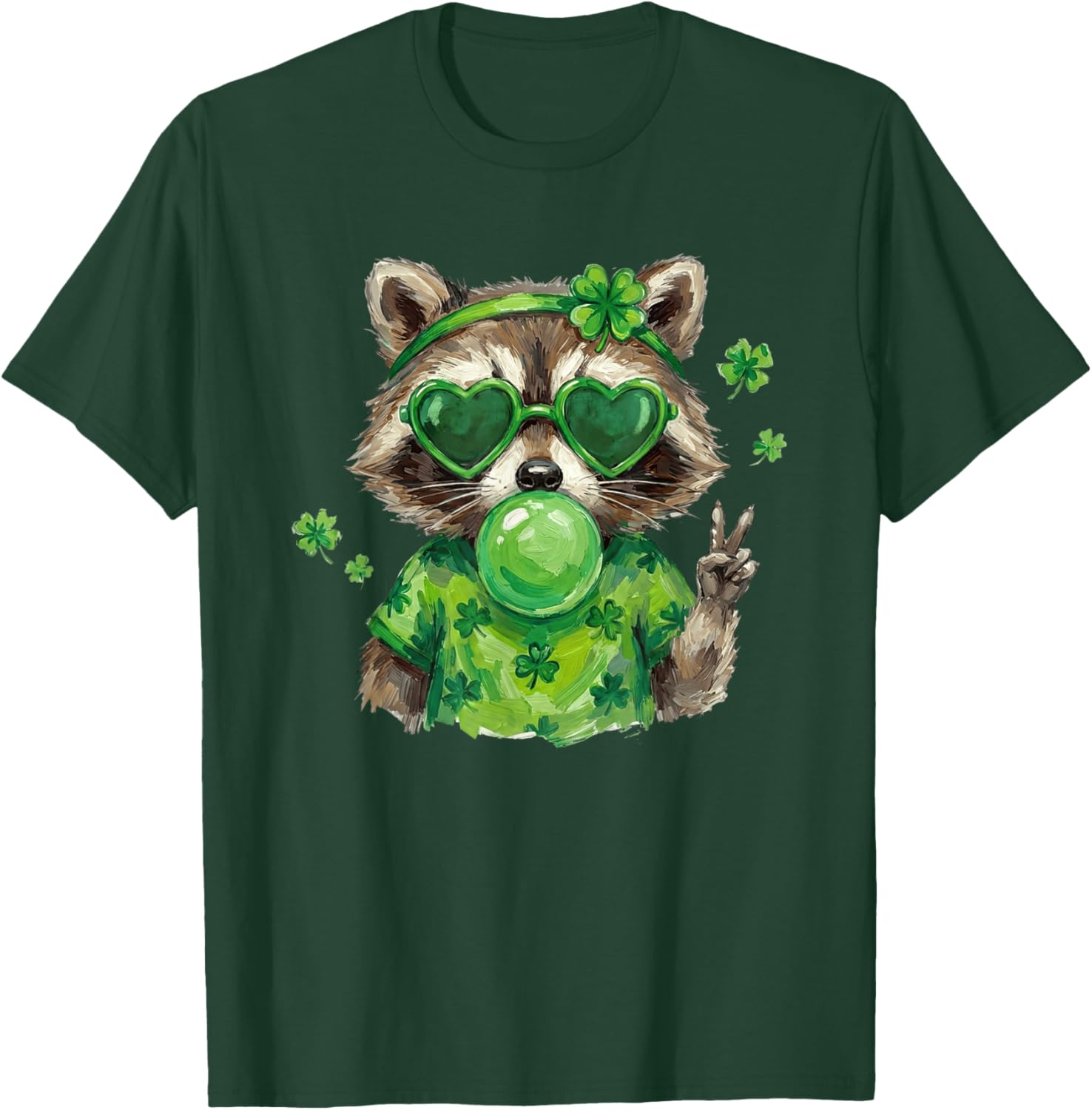 St Patricks Day Raccoon Blowing Bubblegum Shamrock Women Kid T-Shirt - T-Shirt | Forest