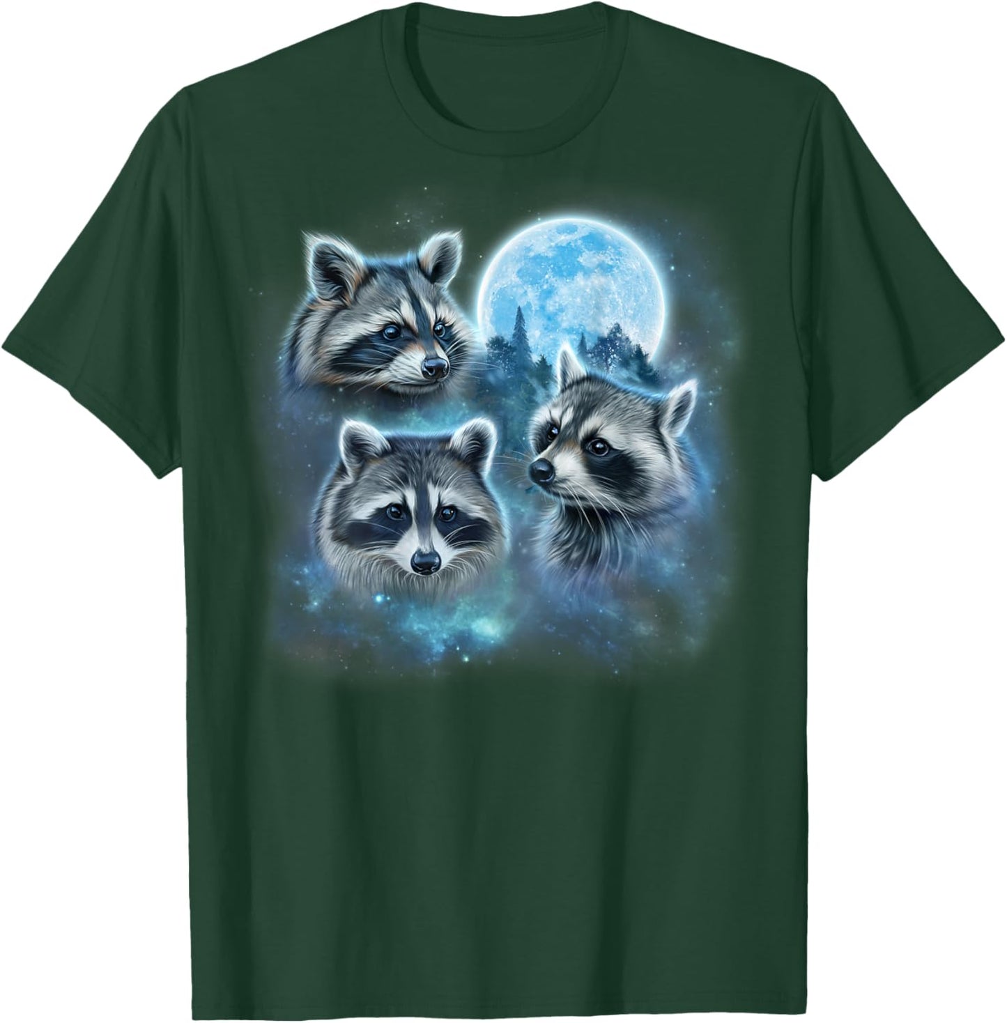 Three Raccoons Engulfed in Galaxy Clouds Under Icy Moon T-Shirt - T-Shirt | Forest