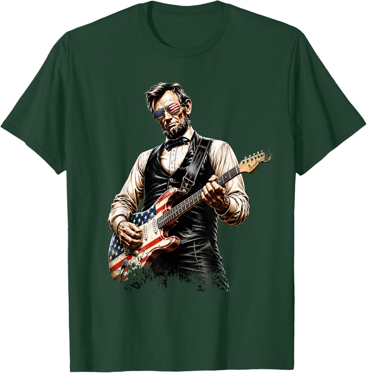 Abraham Lincoln Playing Guitar Rock and Roll American Flag T-Shirt - T-Shirt | Forest
