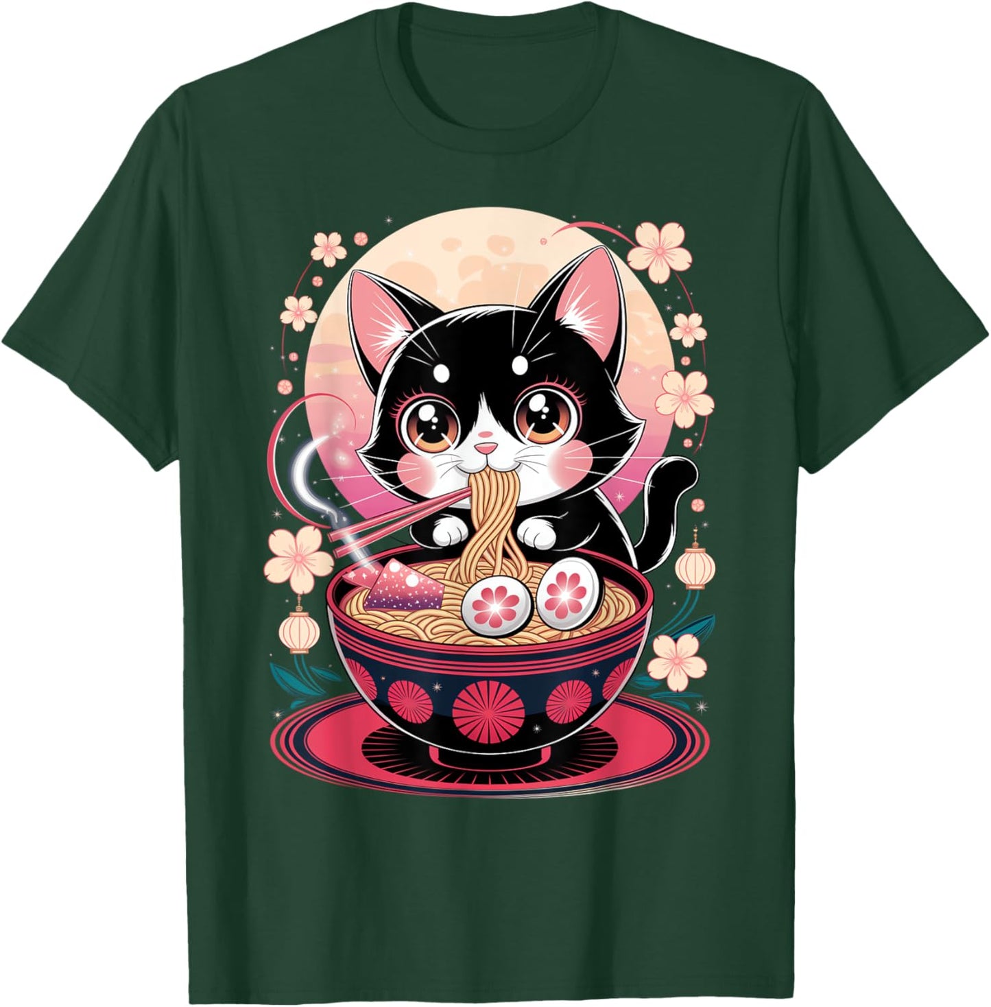Noodles eating Japanese cats eating ramen kawaii , Black, S T-Shirt - T-Shirt | Forest