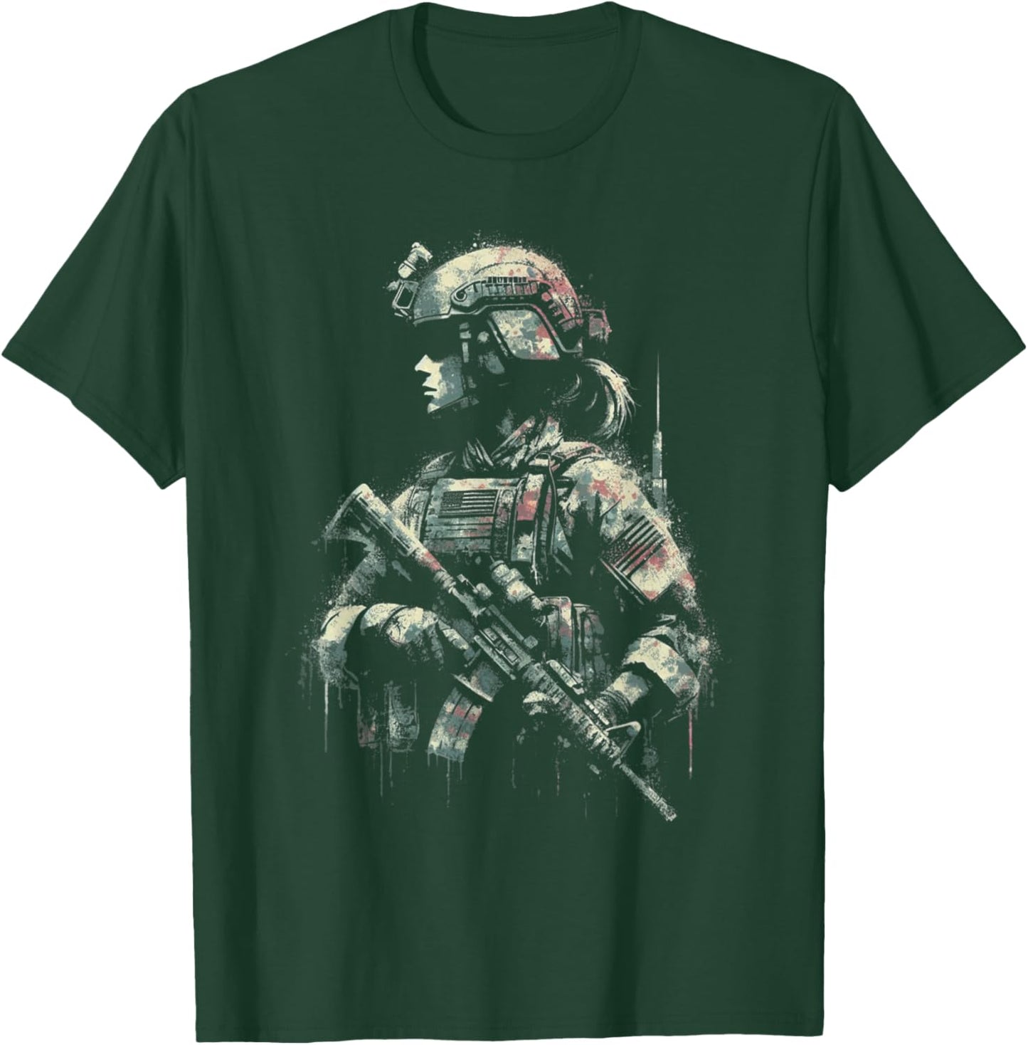 Female Soldier American Flag - Patriotic USA Veteran T-Shirt - T-Shirt | Forest