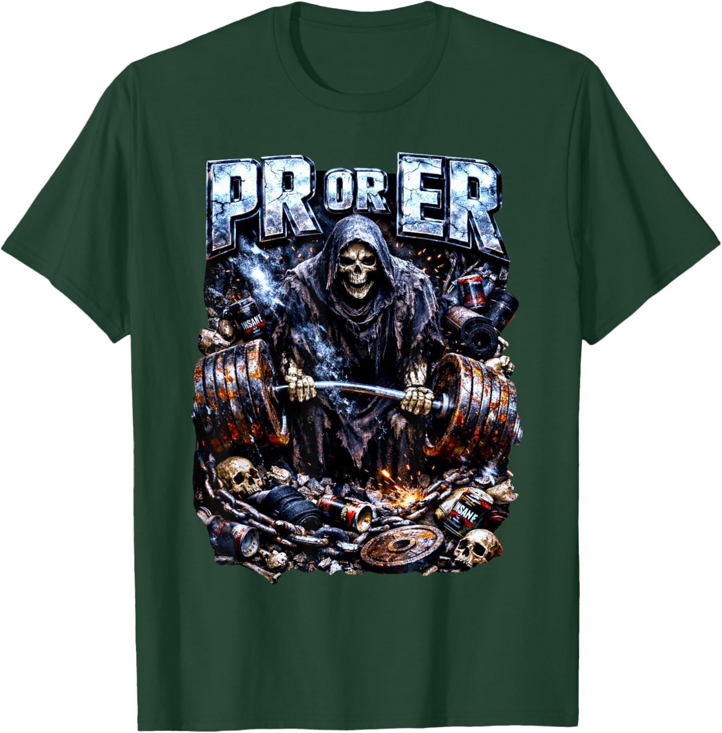 PR or ER Grim Reaper Gym Meme Weightlifting Skeleton T-Shirt - T-Shirt | Forest