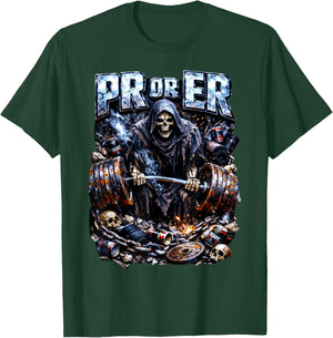 PR or ER Grim Reaper Gym Meme Weightlifting Skeleton T-Shirt - T-Shirt | Forest
