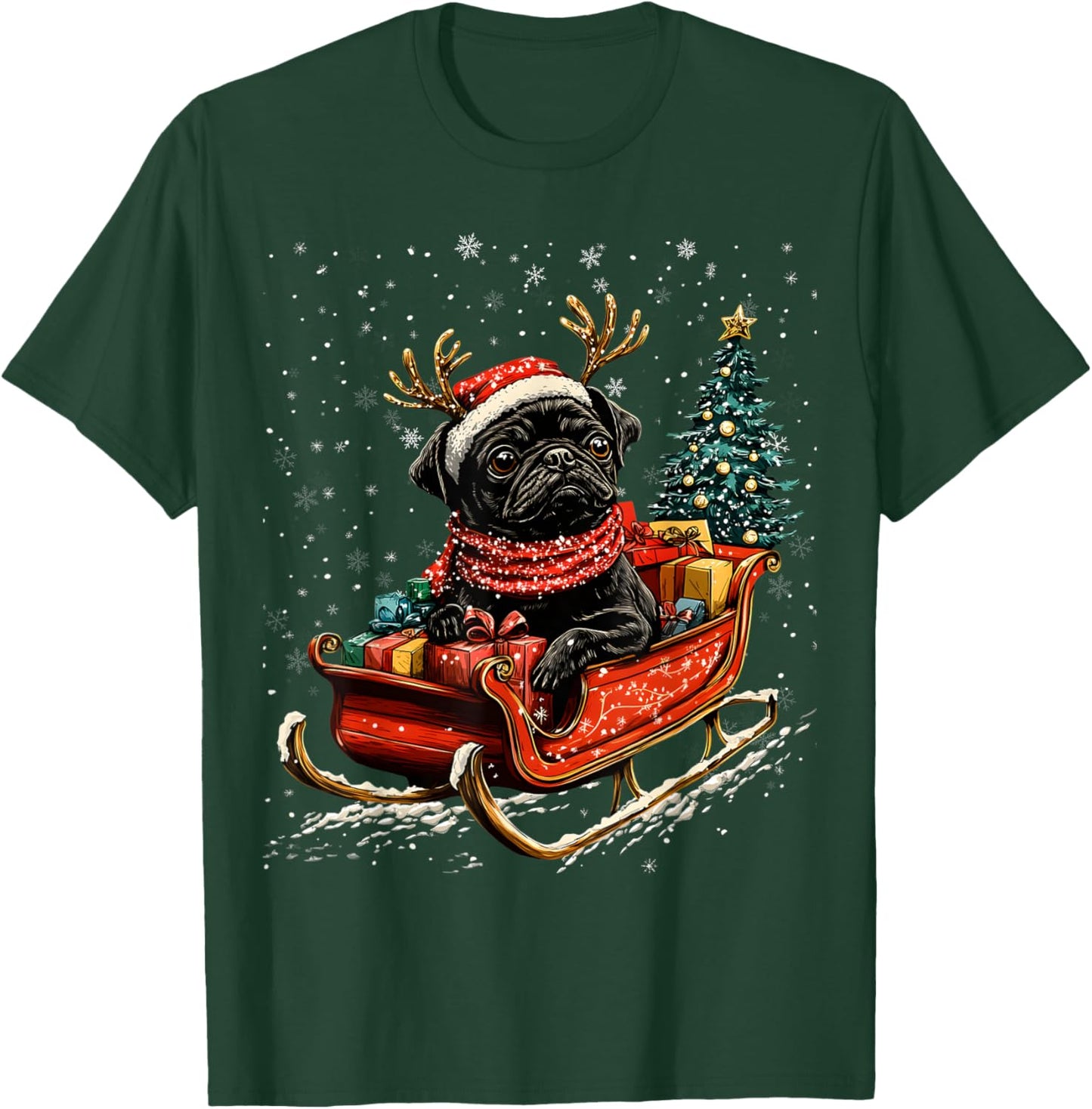 Santa Black Pug reindeer Light Christmas T-Shirt - T-Shirt | Forest