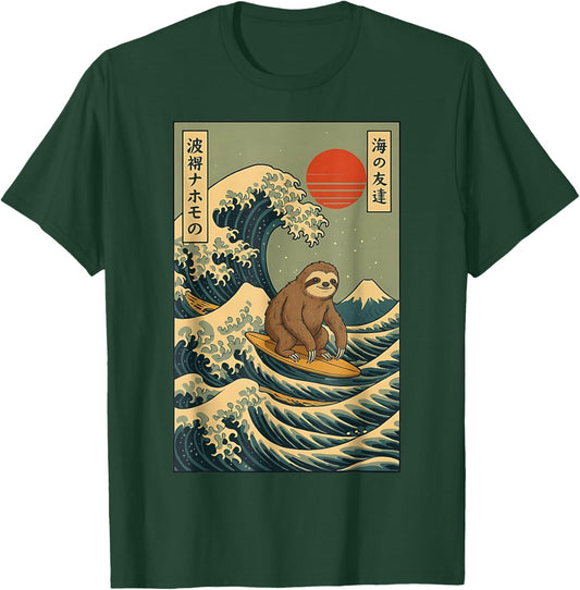 Surfing Sloth Japanese Wave Design Retro Ukiyo-e Artwork T-Shirt - T-Shirt | Forest