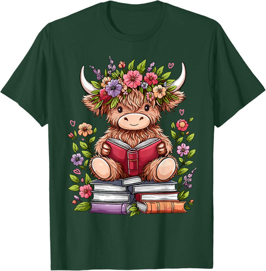 Cute Baby Highland Cow with Reading Book Bookworm T-Shirt - T-Shirt | Forest