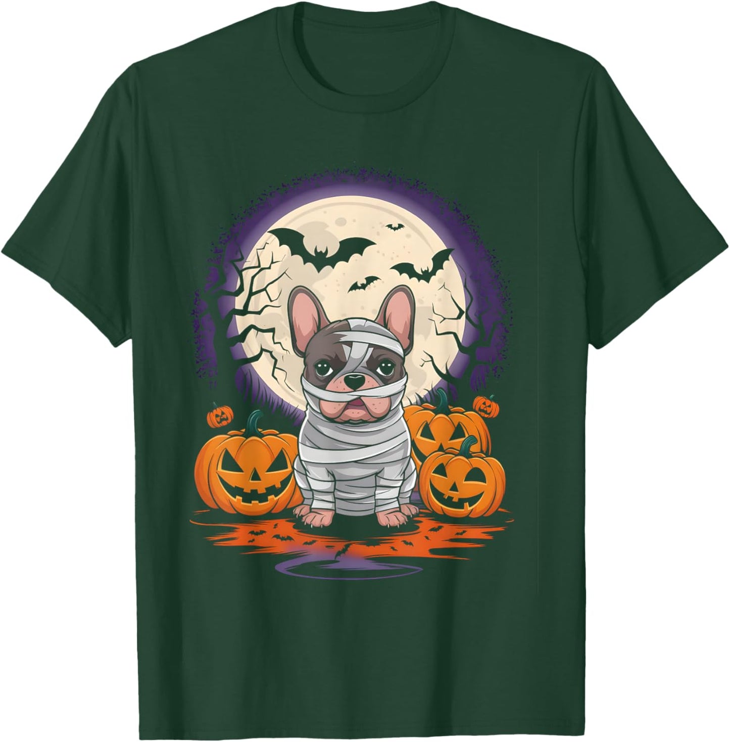 Spooky French Bulldog Mummy Full Moon - Halloween Dog T-Shirt - T-Shirt | Forest