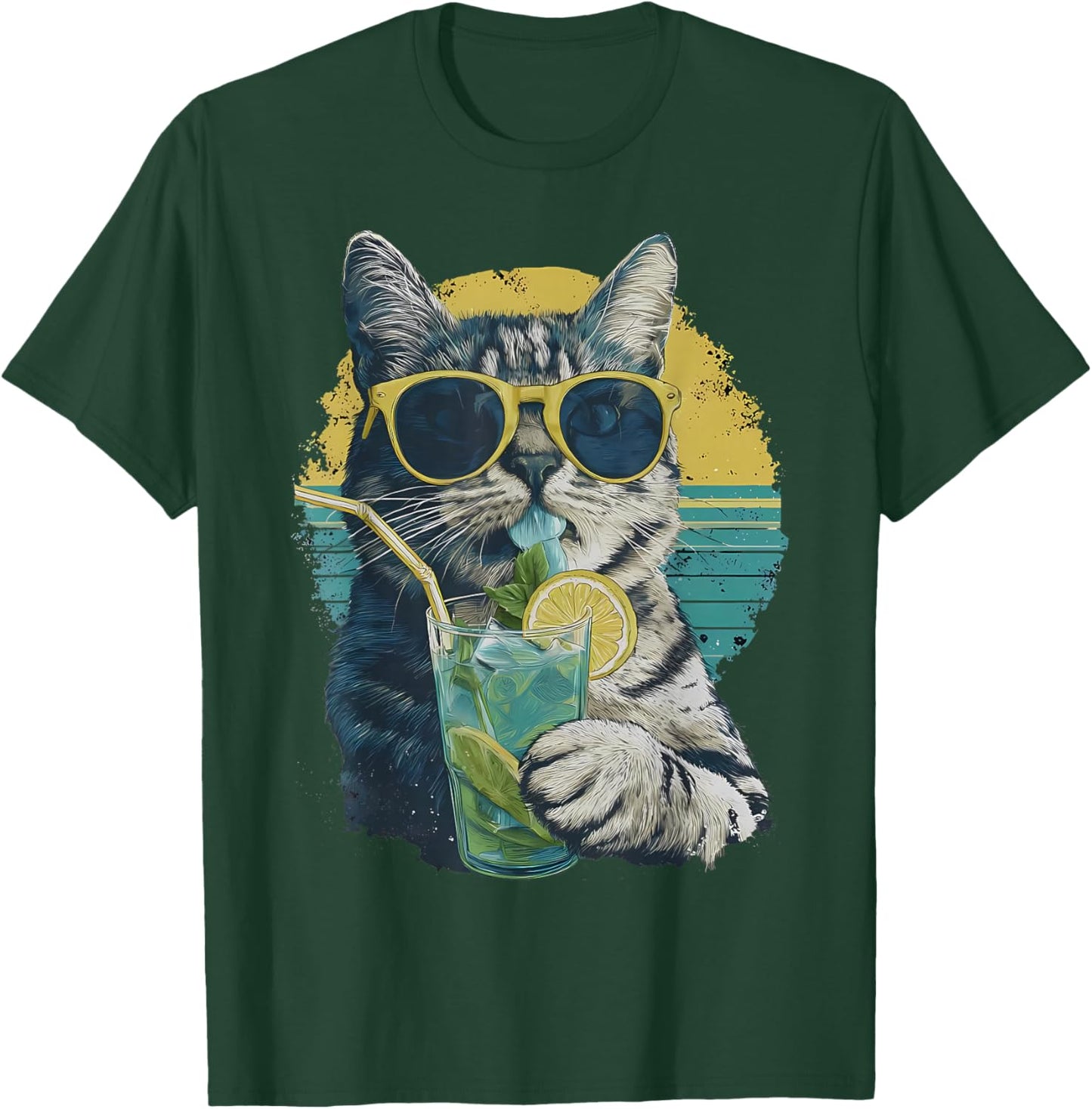 Summer Vibes Cat Drinking Cocktail Lemonade Animal Meme T-Shirt - T-Shirt | Forest