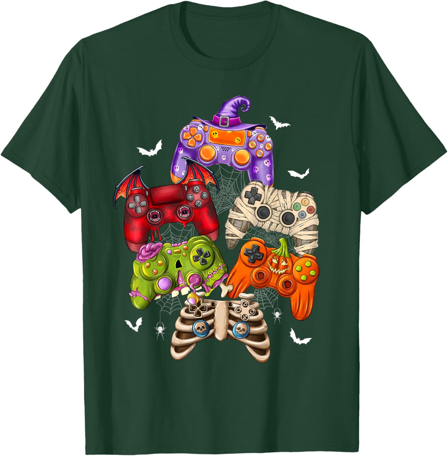 Halloween Skeleton Zombie Mummy Gaming Controllers Boys Kids T-Shirt - T-Shirt | Forest
