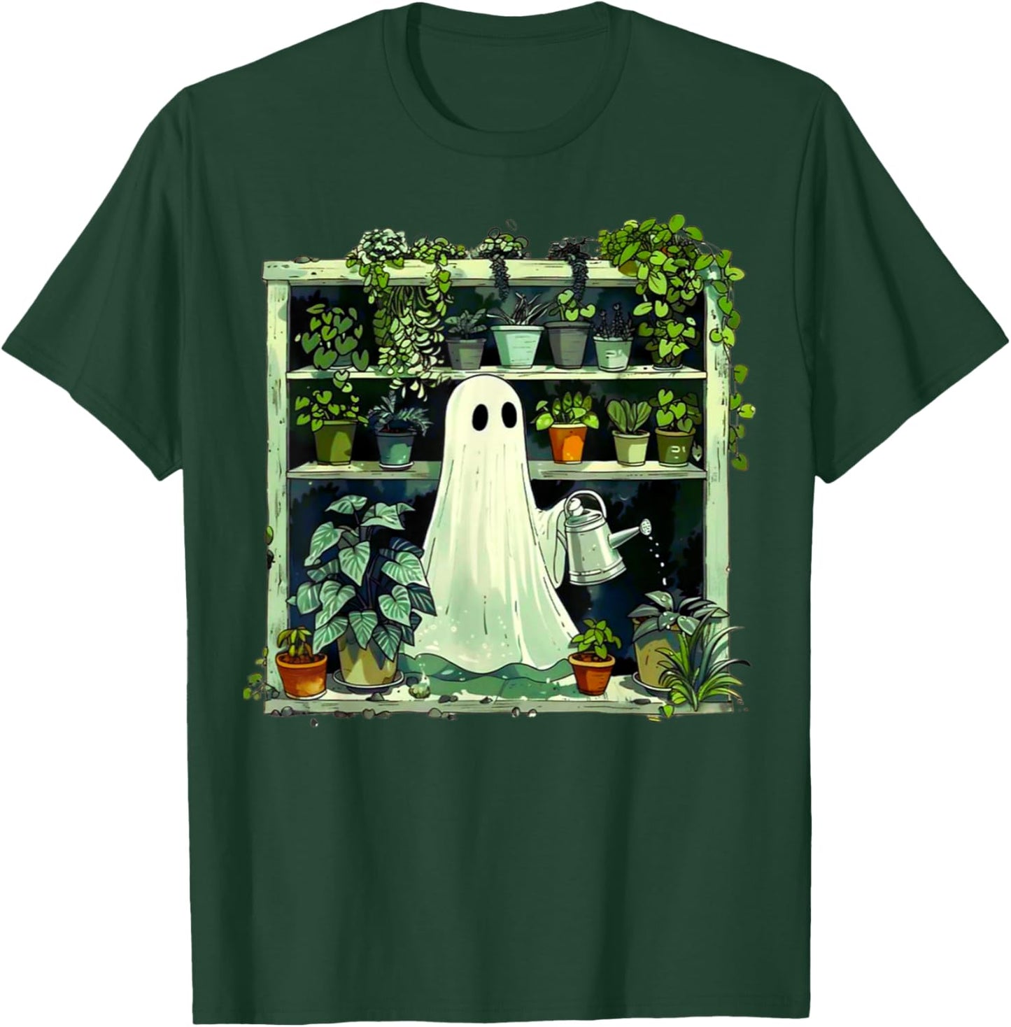 Spooky Ghost Watering Plants Funny Halloween Garden Lover T-Shirt - T-Shirt | Forest
