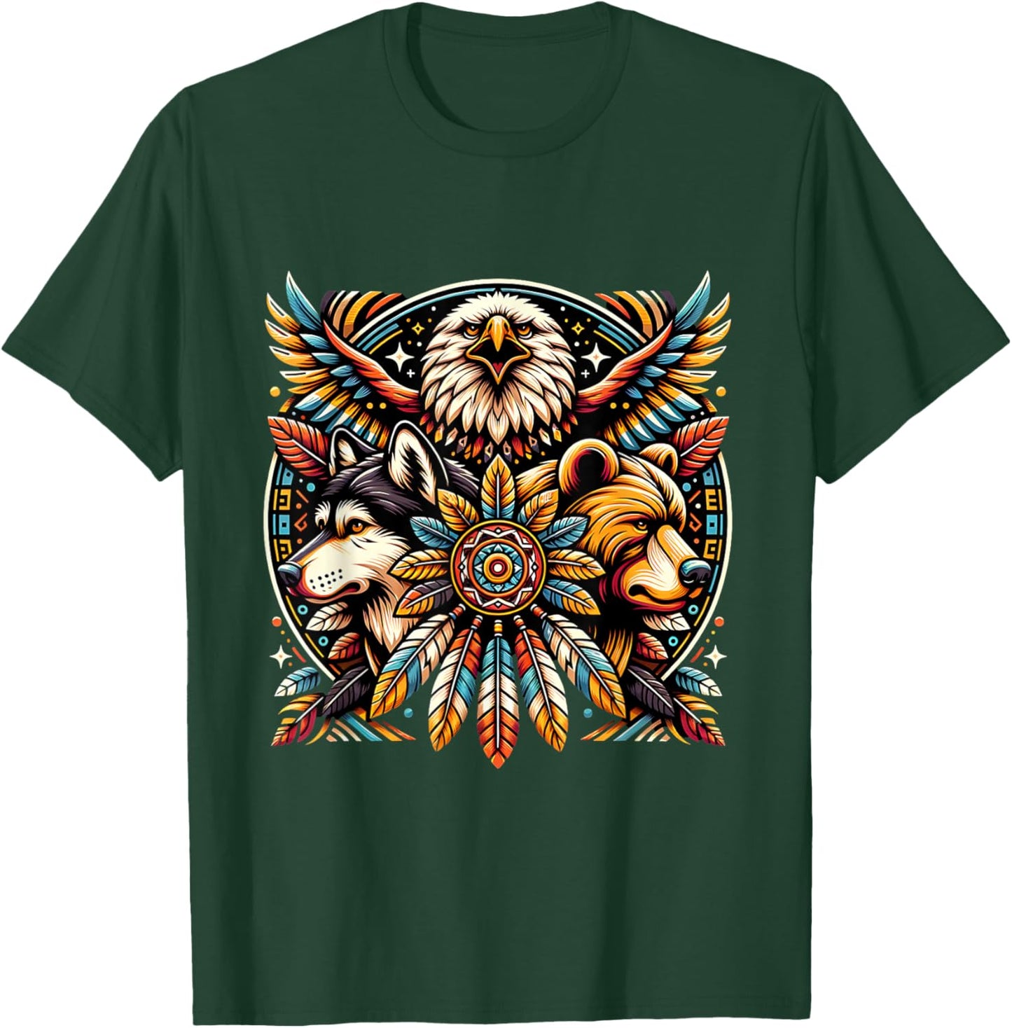 Native American Tribal Animals Bear Wolf Eagle Bohemian T-Shirt - T-Shirt | Forest