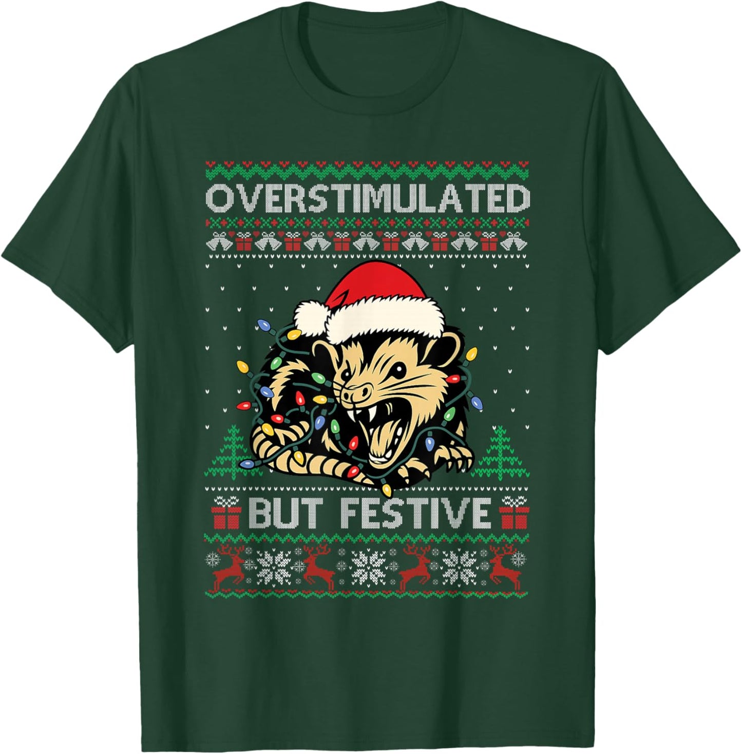 Overstimulated But Festive Possum Christmas Pajamas Ugly T-Shirt - T-Shirt | Forest