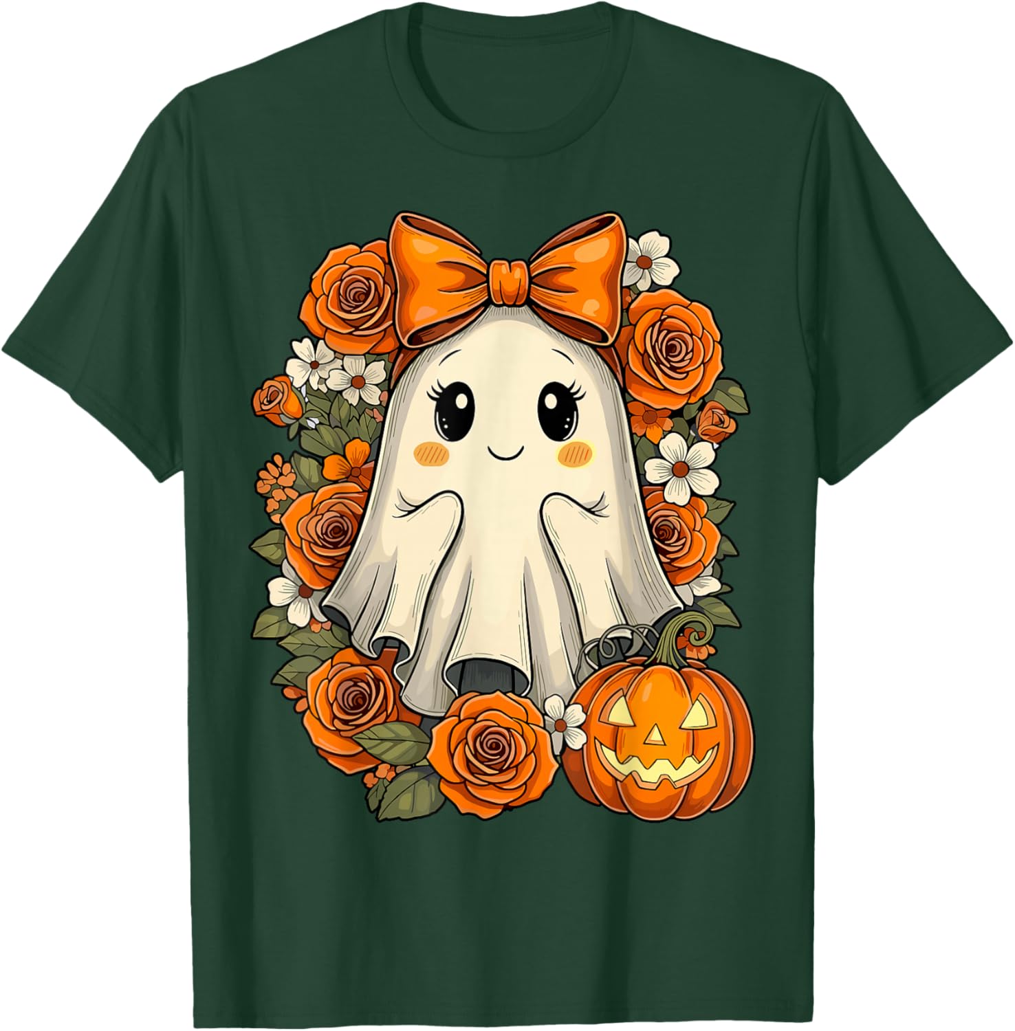 Kawaii Ghost Pumpkin Floral Halloween T-Shirt - T-Shirt | Forest