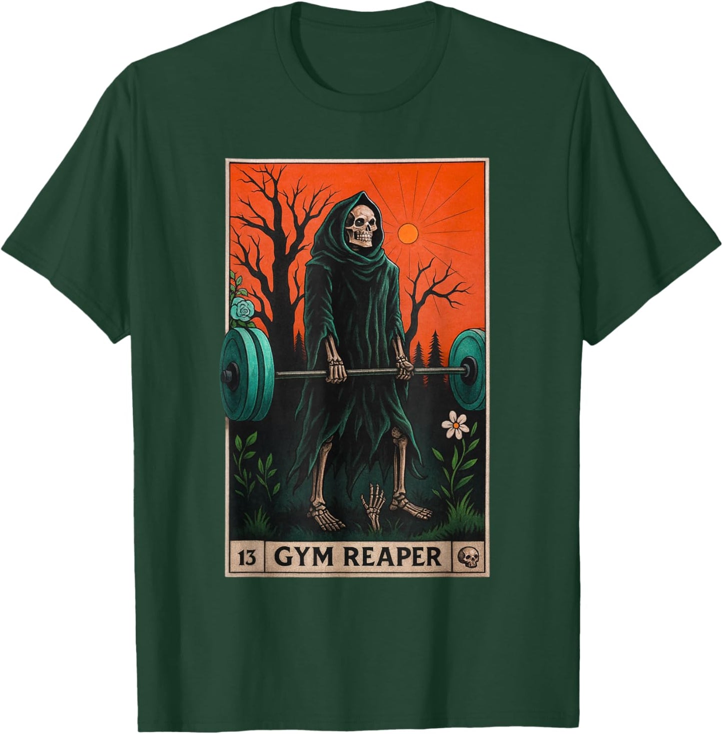 Gym Reaper Deadlifts Weightlifting Workout Occult Tarot Card T-Shirt - T-Shirt | Forest