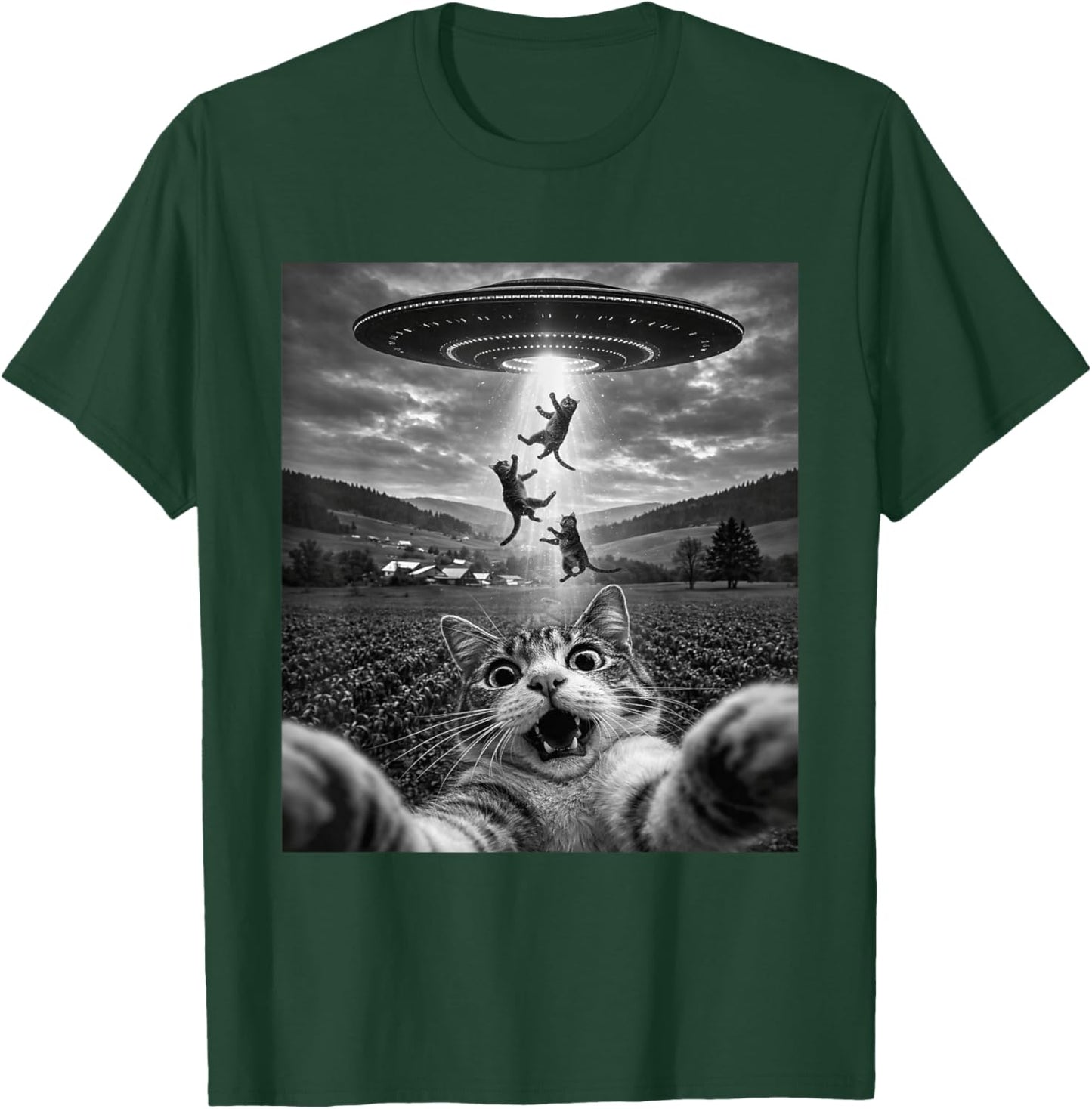 Funny Cat UFO Abduction Selfie with Alien T-Shirt - T-Shirt | Forest