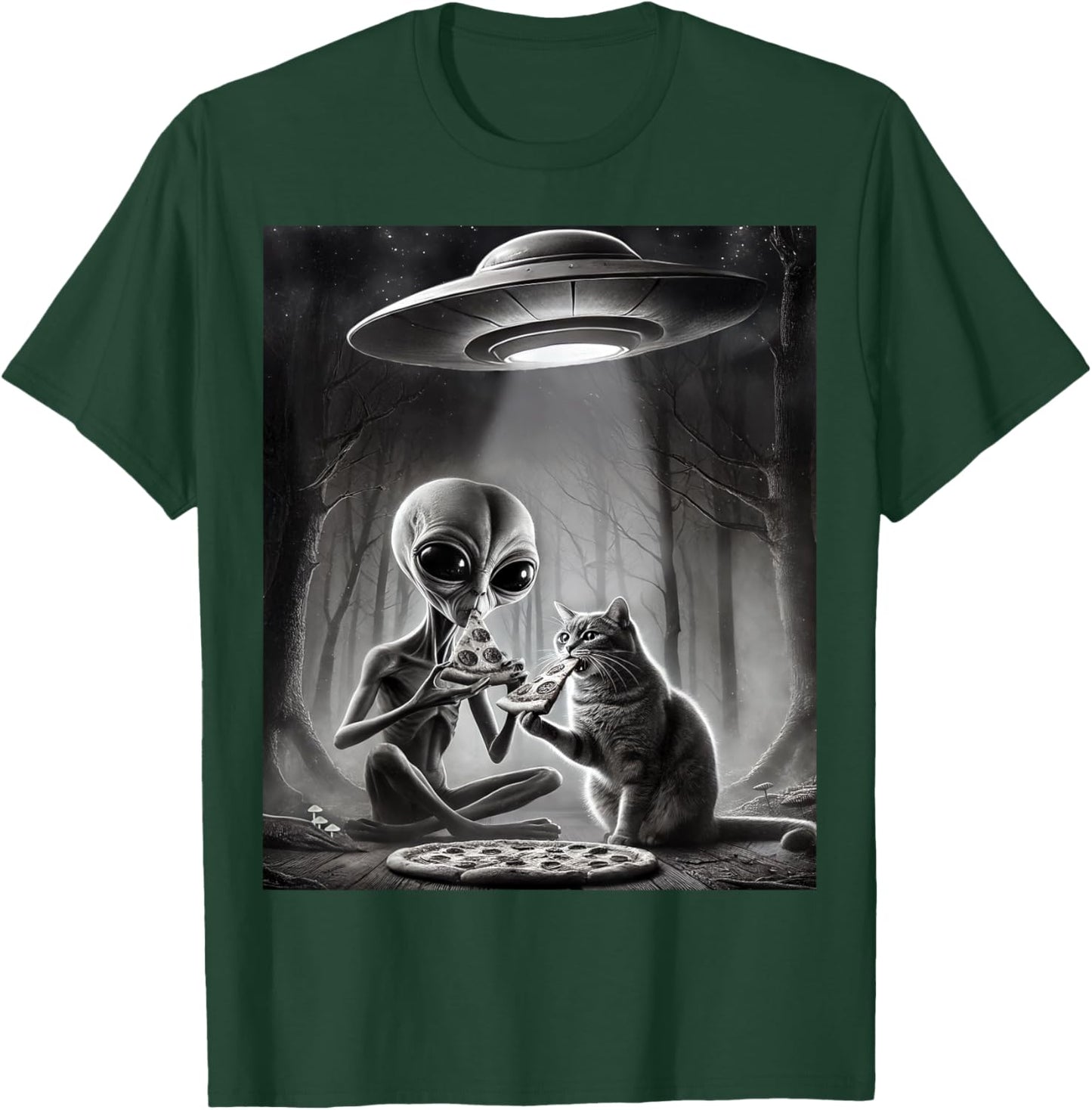 Funny Alien Cat Eating Pizza With UFO Spaceship Cryptid Meme T-Shirt - T-Shirt | Forest
