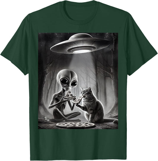 Funny Alien Cat Eating Pizza With UFO Spaceship Cryptid Meme T-Shirt - T-Shirt | Forest