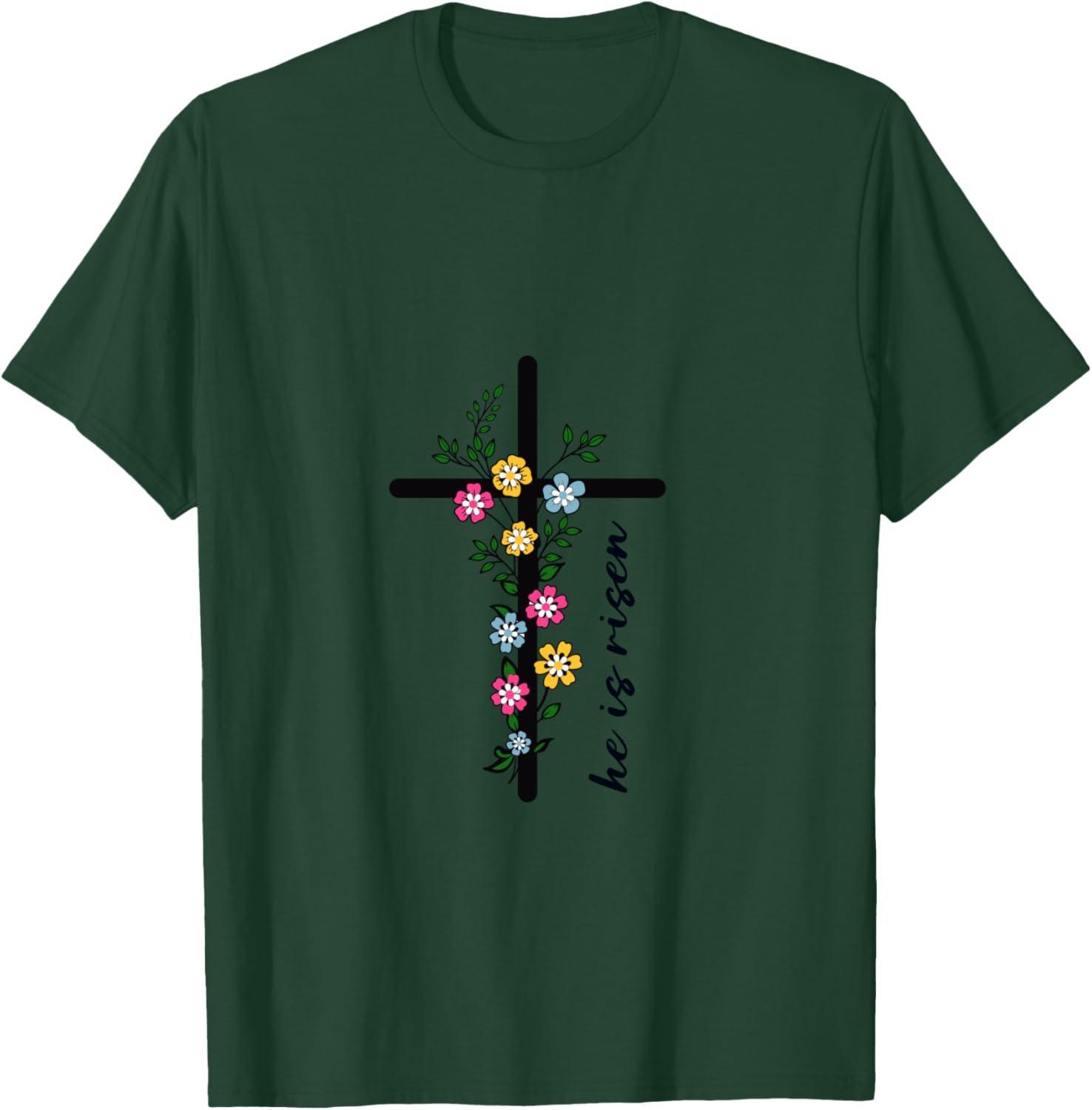He Is Risen Floral Cross Faith-Based Women Easter Christian T-Shirt - T-Shirt | Forest