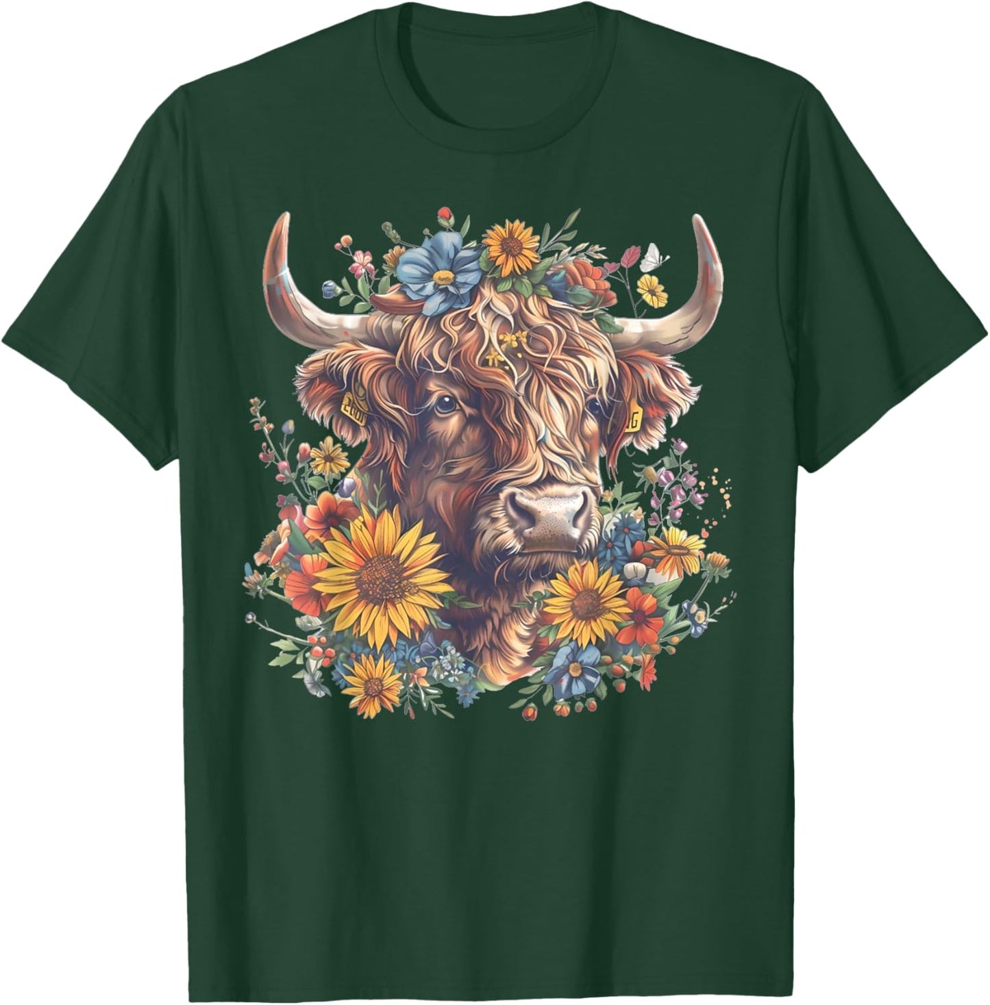 Cute Highland Cow With Sunflowers Funny Calf Animal Farm T-Shirt - T-Shirt | Forest