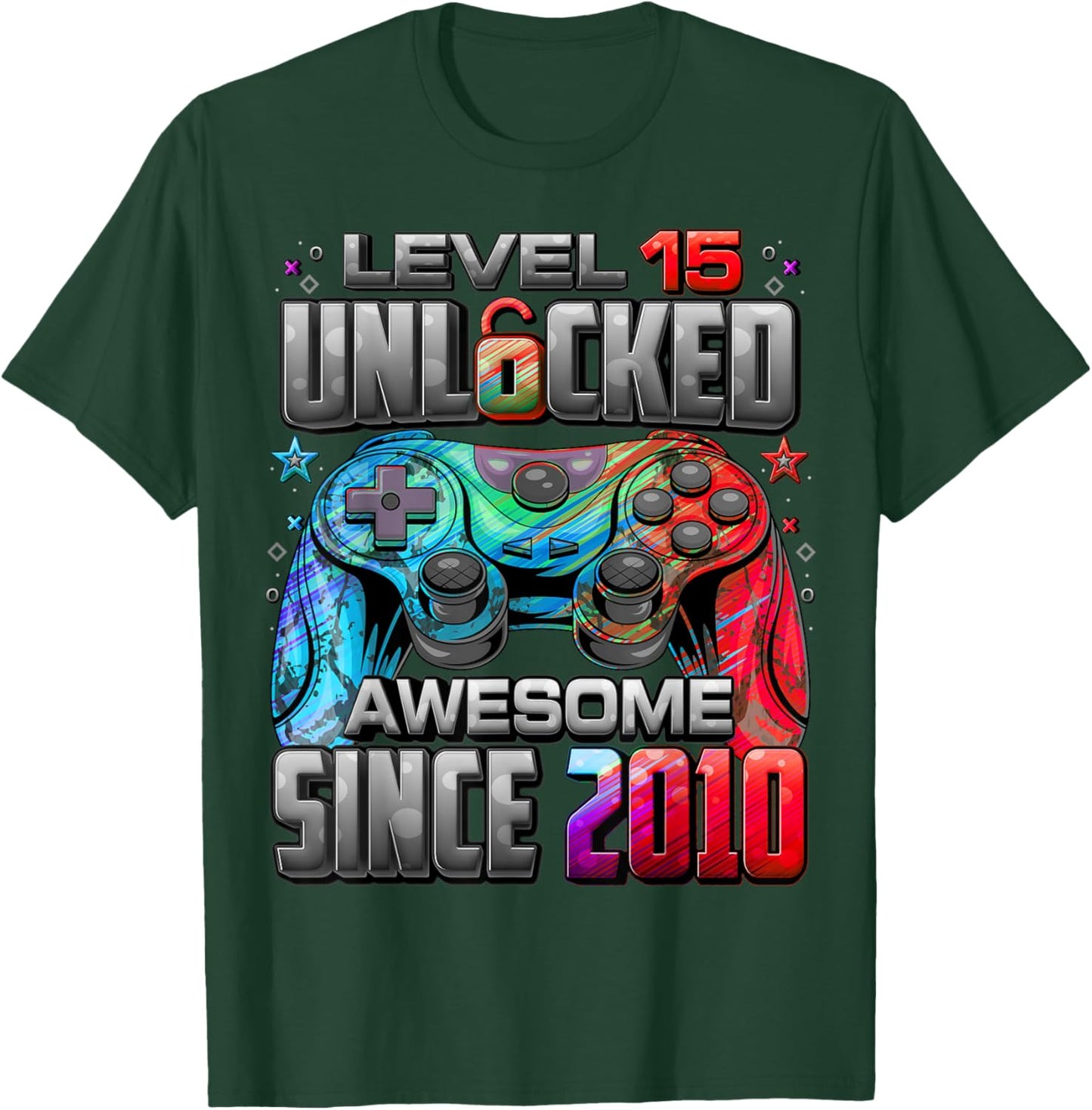 Level 15 Unlocked Awesome Since 2010 15th Birthday Gaming T-Shirt - T-Shirt | Forest