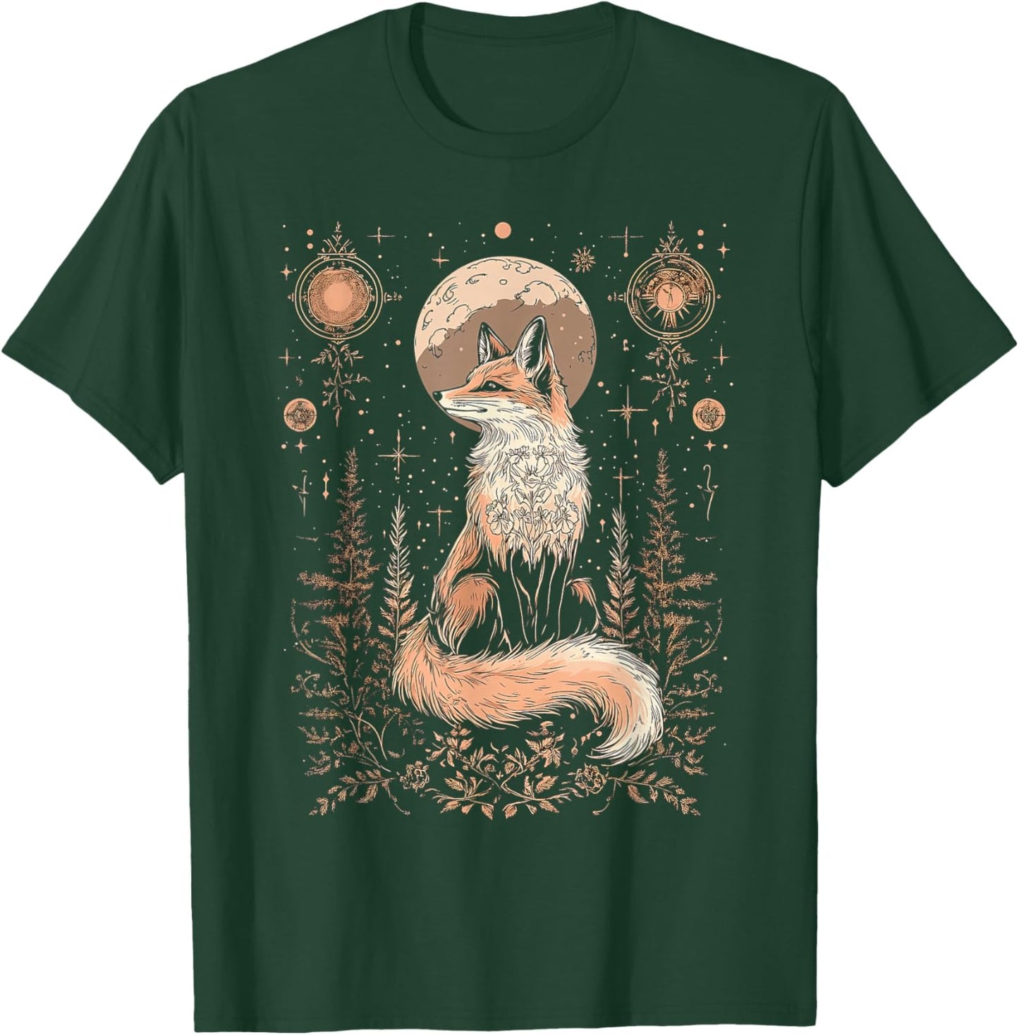 Mystic Moon and Moonphase Fox Mystical Flowers Aesthetic T-Shirt - T-Shirt | Forest