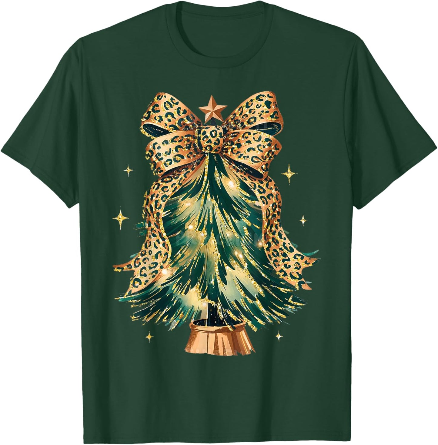 Leopard Bow Christmas Tree Glam Holiday Winter T-Shirt - T-Shirt | Forest