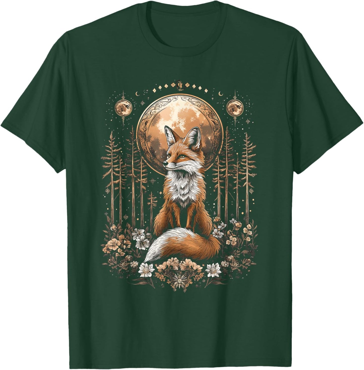 Mystic Moon and Moonphase Fox Mystical Flowers Aesthetic T-Shirt - T-Shirt | Forest