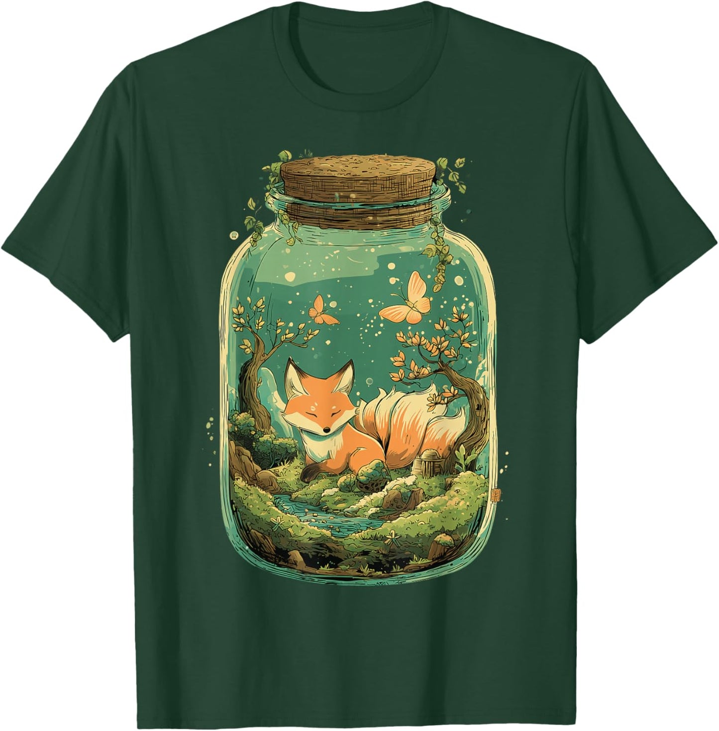 Magical Kitsune Nine-Tailed Fox Kawaii Terrarium Art T-Shirt - T-Shirt | Forest